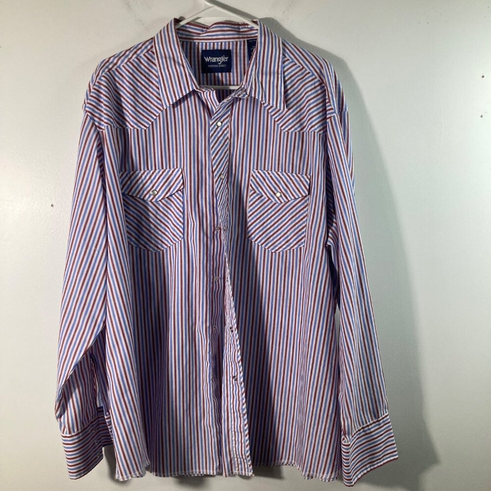 Mens Wrangler Western Pearl Snap Striped Shirt Red White Blue 2XL Cotton Polyest